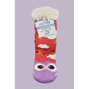 NWT Owl Slipper Socks Sherpa Lined No Slip Grips Cushioned One Size Purple & Red